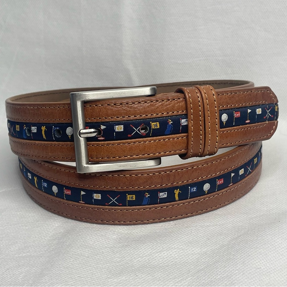 Vera Pelle Italian Leather Golf Theme Belt Brown Silver Buckle Size 36 (100/110)